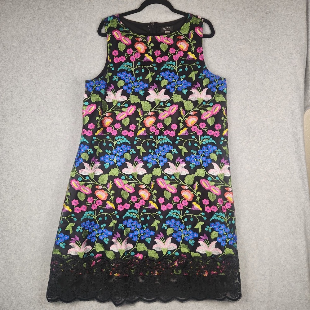 Tahari Arthur S. Levine Dress Womens 16 Black Embroidered Floral Lace Hem Sheath